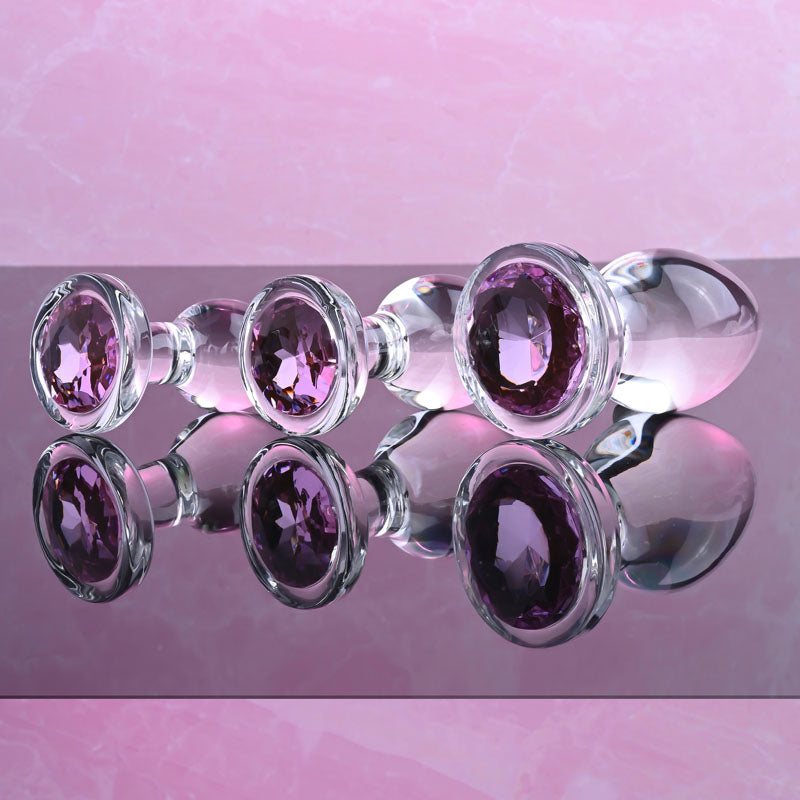 Three sizes available in the clear gem glass butt plug