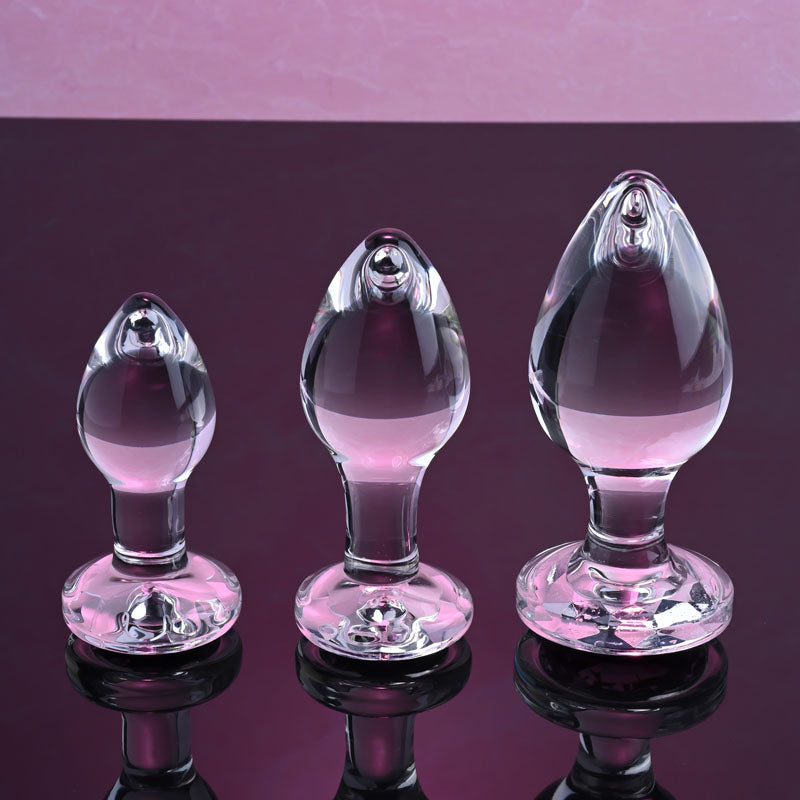 set of three glass plug set. Highlighting the difference each offers