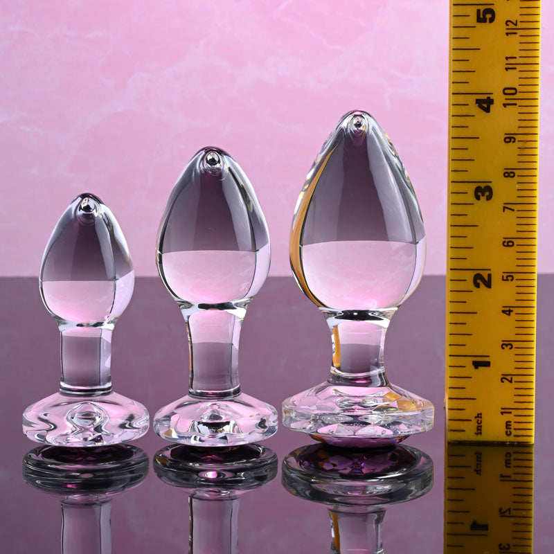 size reference for the set of three glass plug set - ADAM AND EVE