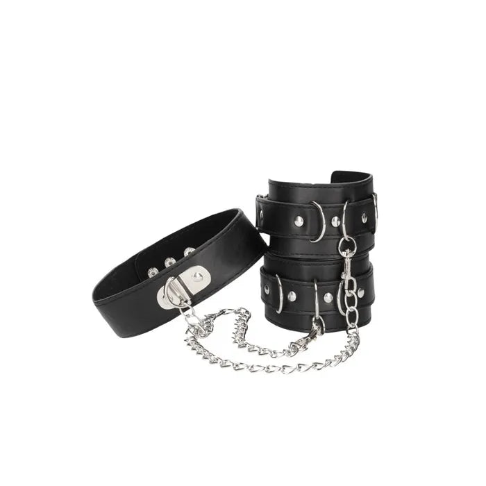 Black & White Bonded Leather Collar With Hand Cuffs