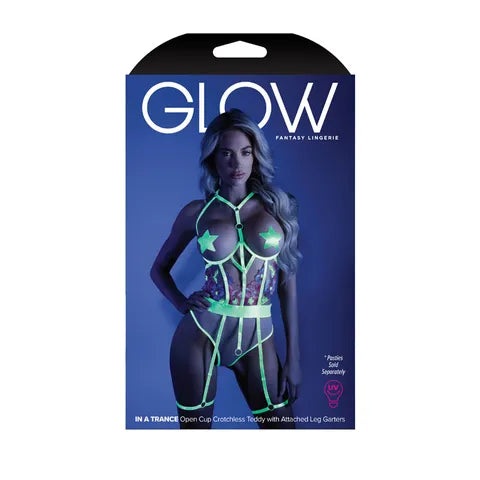 GLOW IN A TRANCE Open Cup Crotchless Teddy with Attached Leg Garters - Box