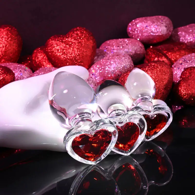 Adam & Eve Red heart Shaped Gem Glass Butt Plug Set - My Temptations Sex Toys