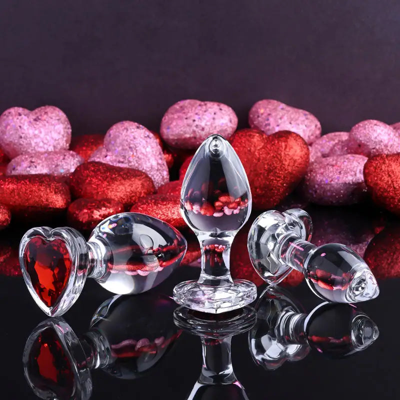 Adam & Eve Red heart Shaped Gem Glass Butt Plug Set - My Temptations Sex Toys