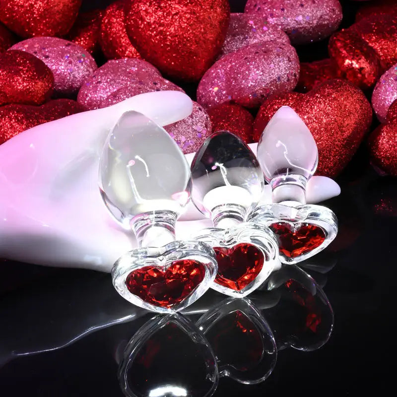 Adam & Eve Red heart Shaped Gem Glass Butt Plug Set - My Temptations Sex Toys