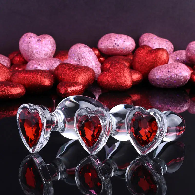 Adam & Eve Red heart Shaped Gem Glass Butt Plug Set - My Temptations Sex Toys