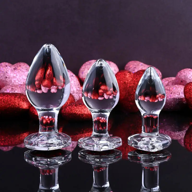 Adam & Eve Red heart Shaped Gem Glass Butt Plug Set - My Temptations Sex Toys