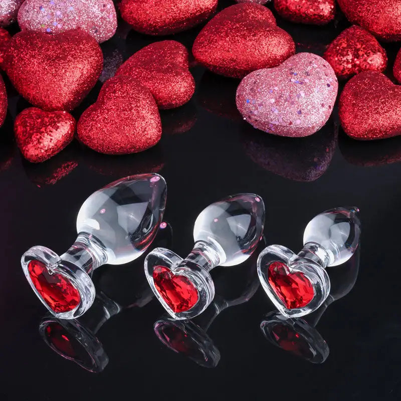 Adam & Eve Red heart Shaped Gem Glass Butt Plug Set - My Temptations Sex Toys