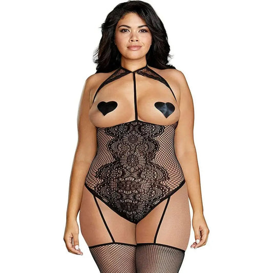 Dreamgirl Plus Size Fishnet & Lace Open Cup Teddy