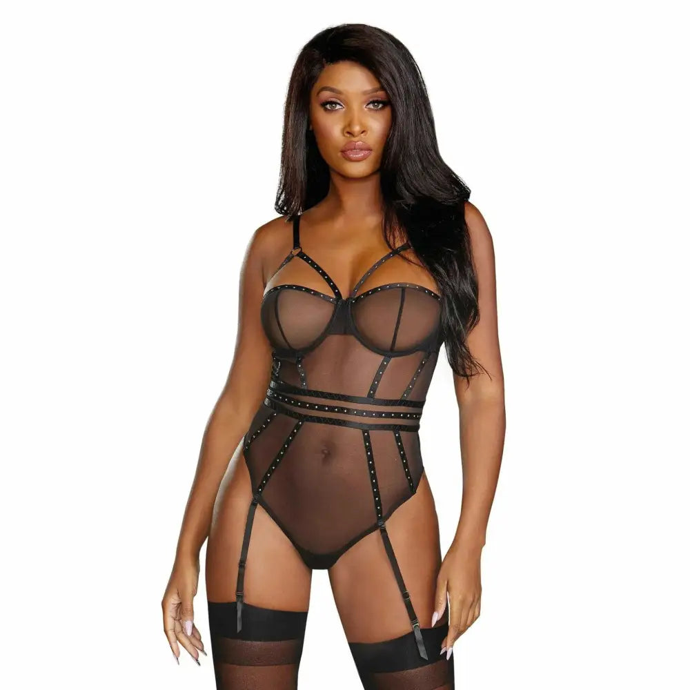 Dreamgirl Plus Size Sheer Stretch Mesh Studded Teddy