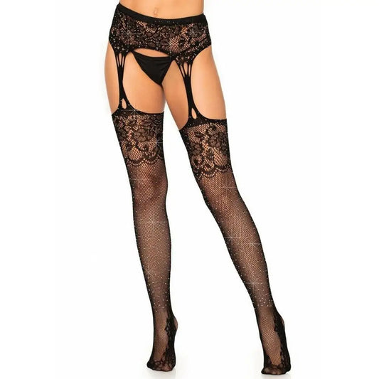 Leg Avenue Rhinestone Yana Fishnet Stockings with Garter Belt