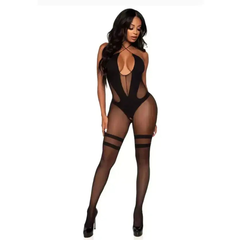 Opaque and Sheer Keyhole Twist Halter Bodystocking