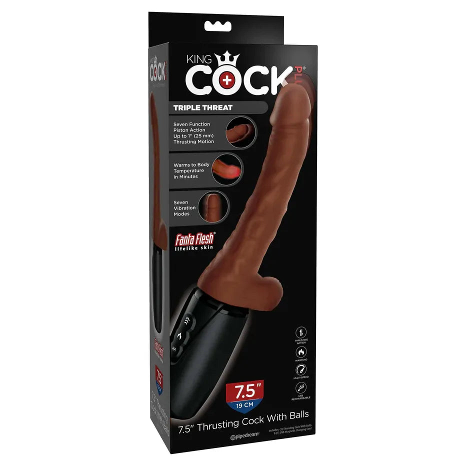 King Cock Plus 7.5" Thrusting Cock with Balls - Brown