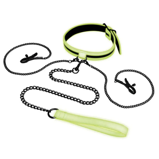 Glow In The Dark Collar with Nipple Clips & Leash - My Temptations Bondage