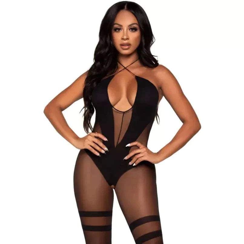 Opaque and Sheer Keyhole Twist Halter Bodystocking