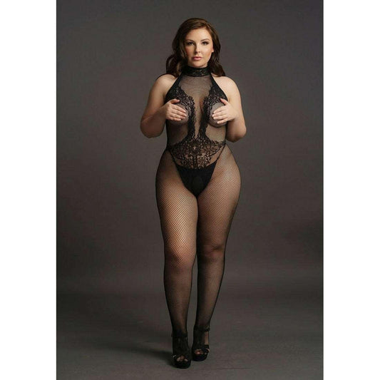 Le Desir Plus Size Fishnet and Lace Bodystocking - Black