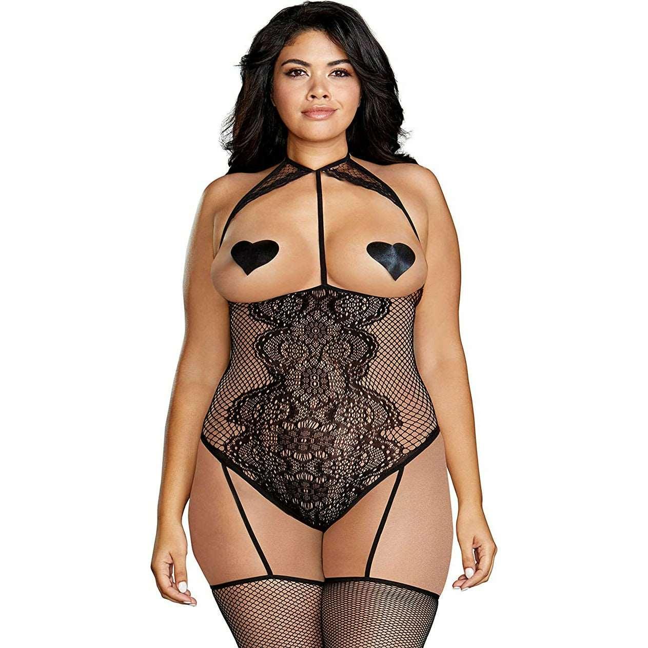 Dreamgirl Plus Size Fishnet & Lace Open Cup Teddy Bodystocking