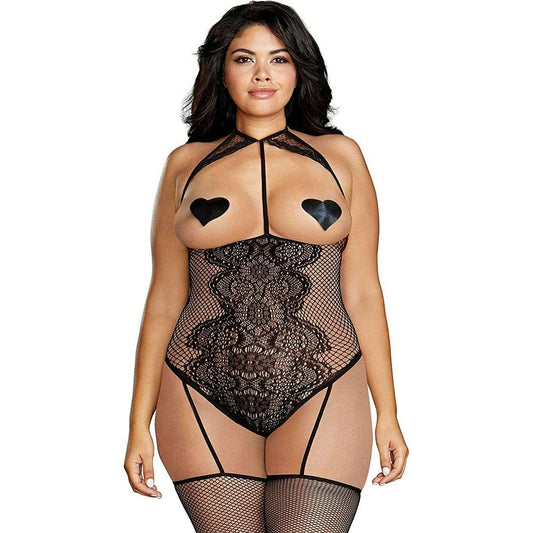 Dreamgirl Plus Size Fishnet & Lace Open Cup Teddy Bodystocking