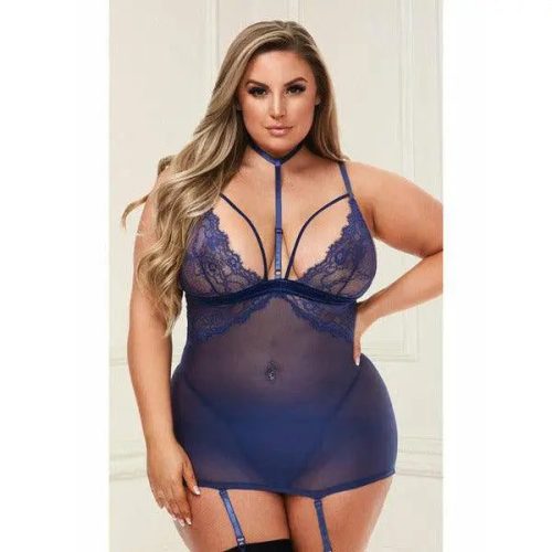 Baci Plus Size Lace & Mesh Mini Dress & G-String - Blue Baci Plus Size Lace & Mesh Mini Dress & G-String - Blue
